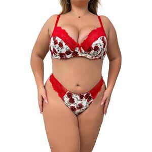 WOMEN'S Red Floral Sexy Lace Push Up Bra & Babydoll Nightwear Lingerie Set